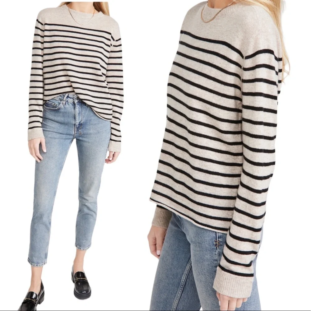 Reformation Cashmere Boyfriend Sweater Navy Stripes Oatmeal M NWT